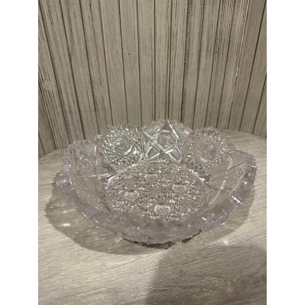 EAPG WHEEL CUT BUTTONS & BOWS FOOTED LEAD CRYSTAL STARBURST STARS BOWL 7”
